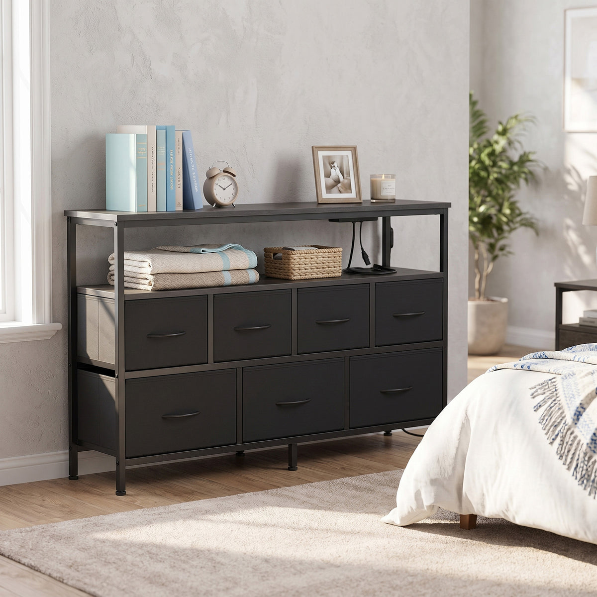 Dresser with Charging Station and LED Lights, 7 Drawers Storage Cabinet, 44.8 x 11.8 x 26.8 inches, Black