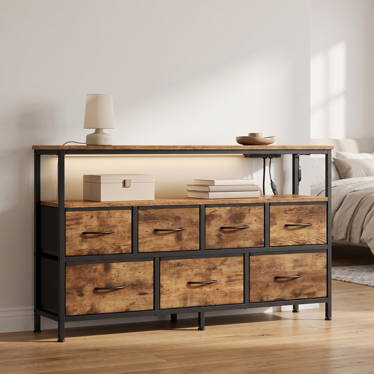 Dresser with Charging Station and LED Lights, 7 Drawers Storage Cabinet, 44.8 x 11.8 x 26.8 inches, Tan and Black