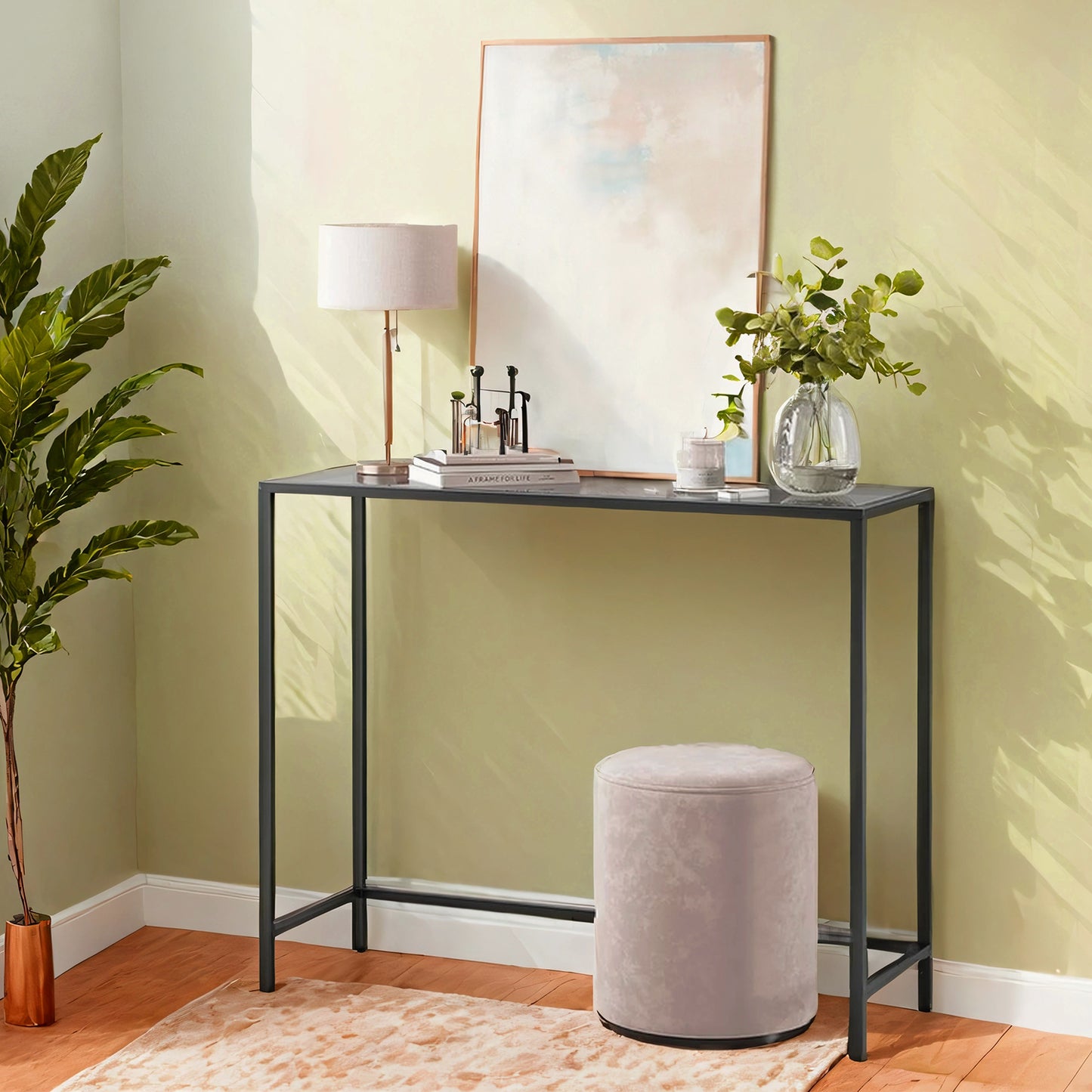 Entryway Console Table with Tempered Glass Top, Modern Sofa Table with Adjustable Feet, Slim Living Room Table, Ink Black and Slate Gray