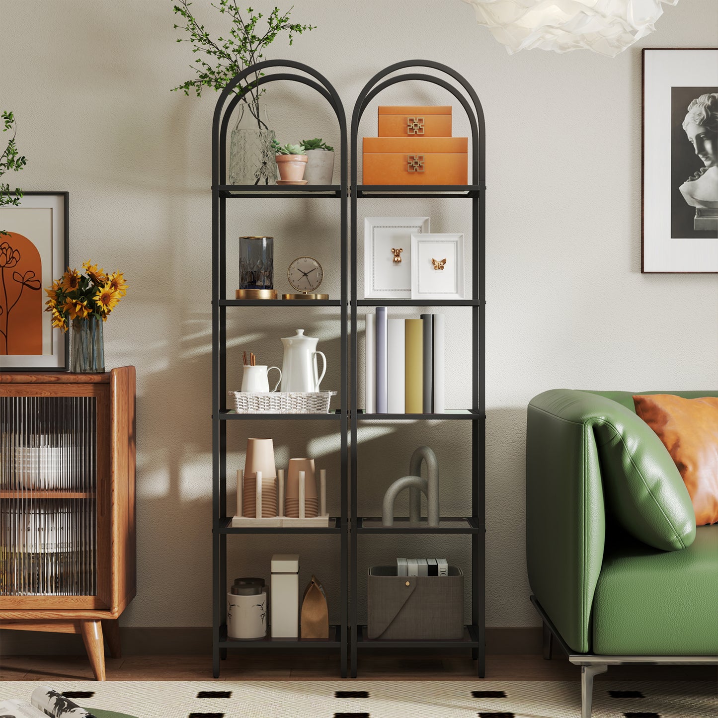 5-Tier Tempered Glass Shelf Unit, Arched Steel Frame Bookcase with Adjustable Feet, Display Storage for Living Room Bedroom Study Bathroom, Ink Black and Slate Gray