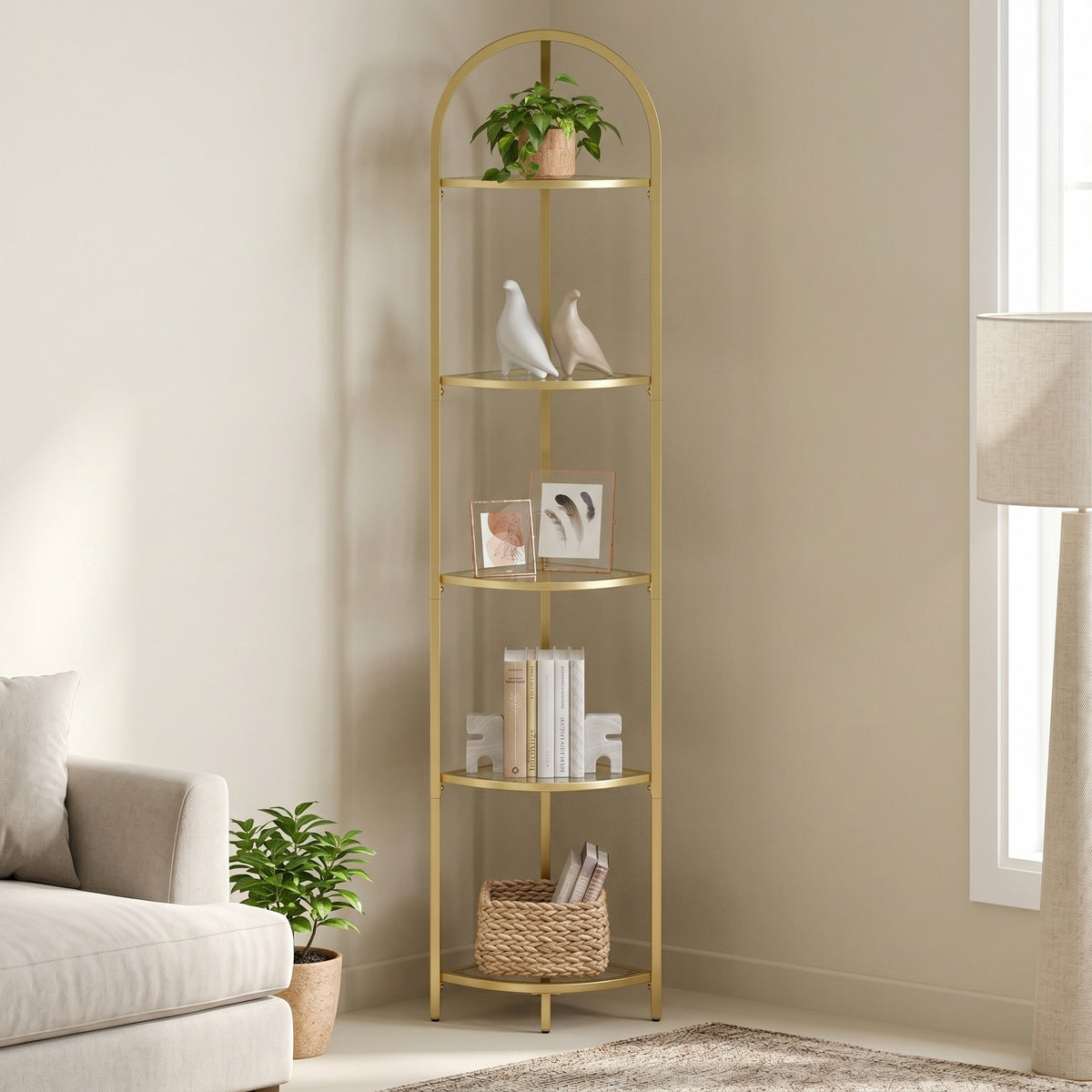 LEDREM 5-Tier Corner Shelf Stand, Corner Bookshelf, Bathroom Organizer, Plant Stand, Pale Gold