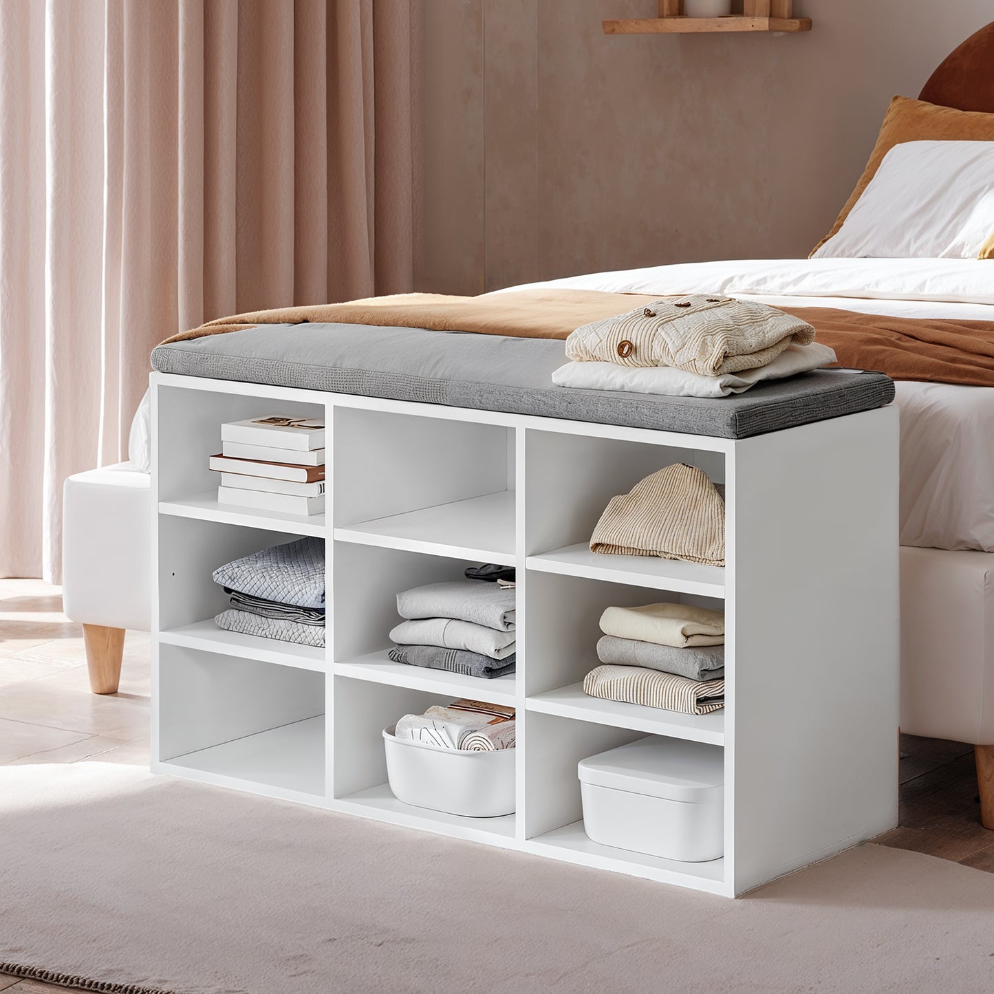 Shoe Bench, 9-Compartment Storage Bench with Removable Cushion, No-Tool Assembly Entryway Organizer,Cloud White and Dove Gray