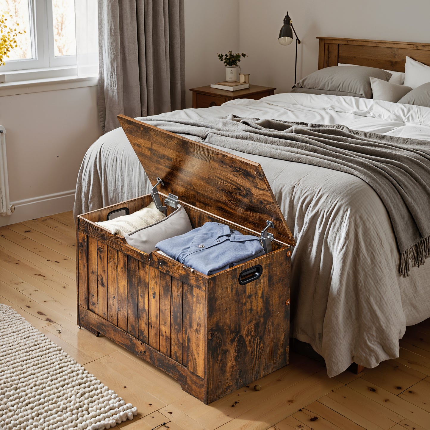 Farmhouse Storage Bench with Safety Hinges, 300lb Capacity Multi-Purpose Entryway Seat, 29.9"W x 18.9"H, Rustic Brown
