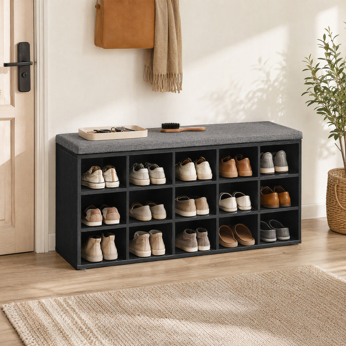Shoe Bench, Storage Bench with Padded Seat, 15 Compartments, Adjustable Shelves, for Living Room, Hallway, Black and Gray