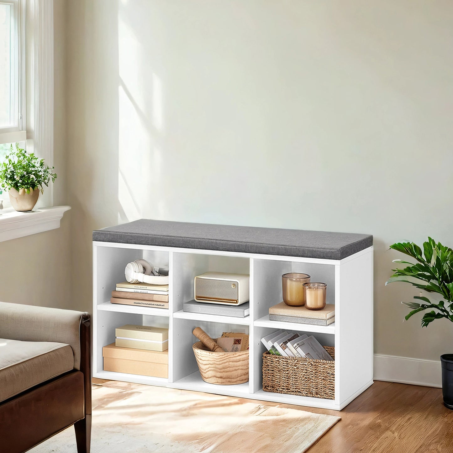 Shoe Storage Bench with Cushion, 6 Compartments & 3 Adjustable Shelves, Entryway or Closet Bench with Padded Seat, Compact 34.2-Inch, White