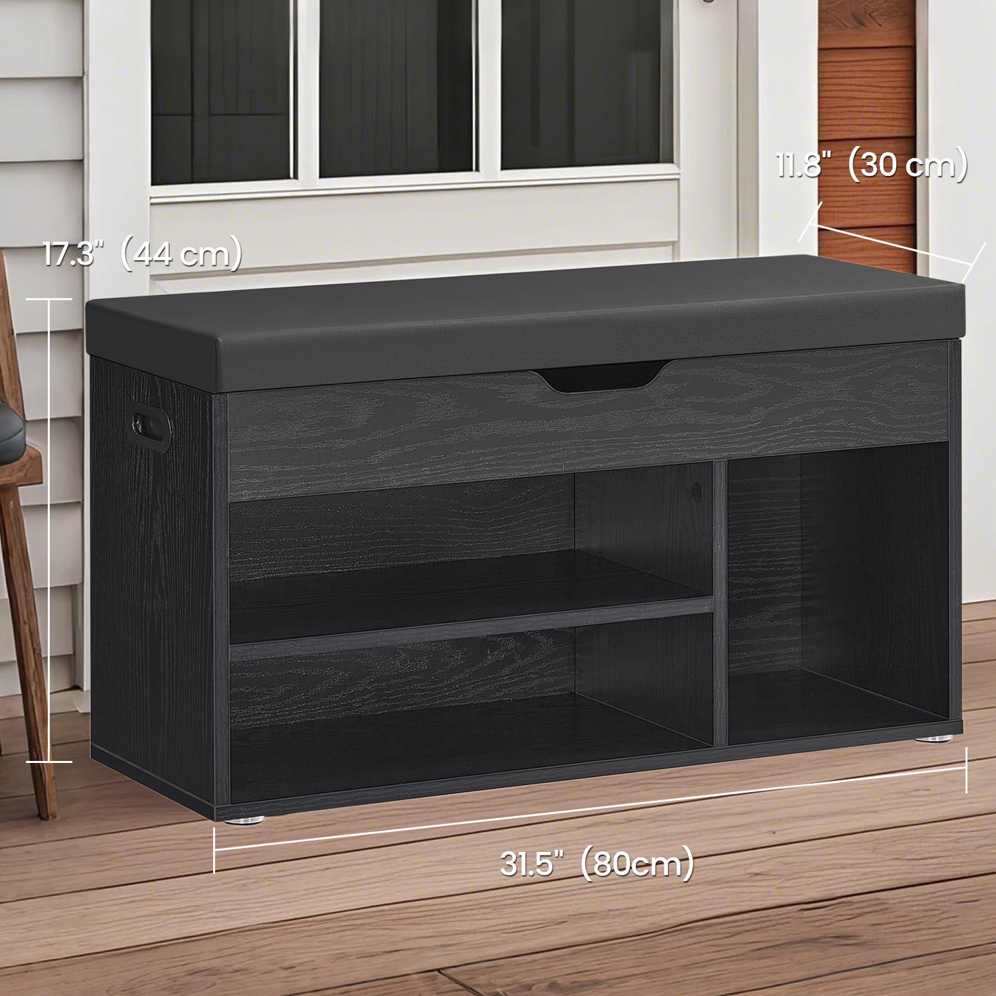 Storage Shoe Bench with Cushion, Padded Seat and Hidden Compartment, Entryway Bench with Open Shelves, 300 lb Capacity, 11.8 x 31.5 x 17.3 Inches, Ebony Black and Ink Black