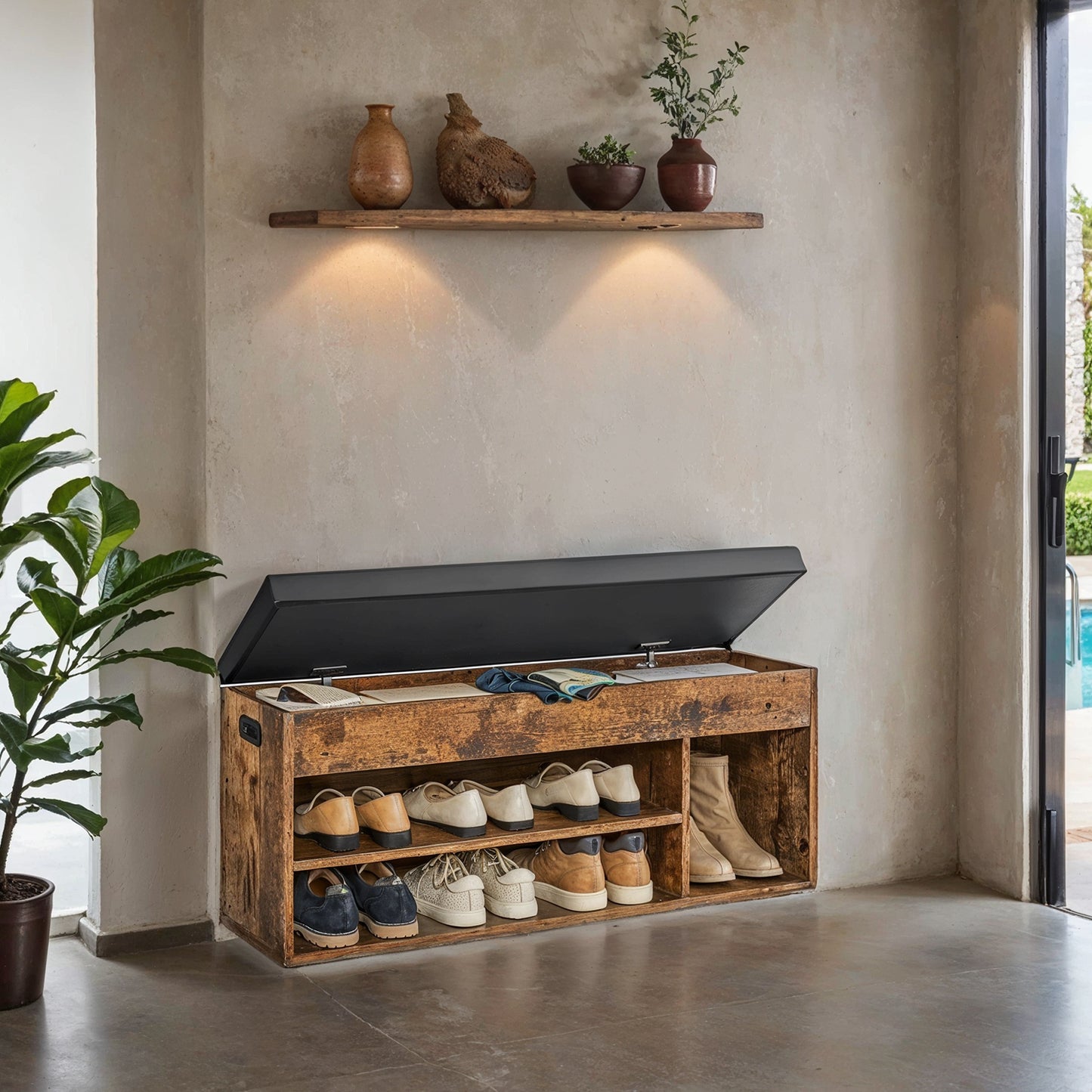 Storage Bench with Hidden Compartment & Cushioned Seat, 300lb Capacity Entryway Organizer,Rustic Brown and Ink Black