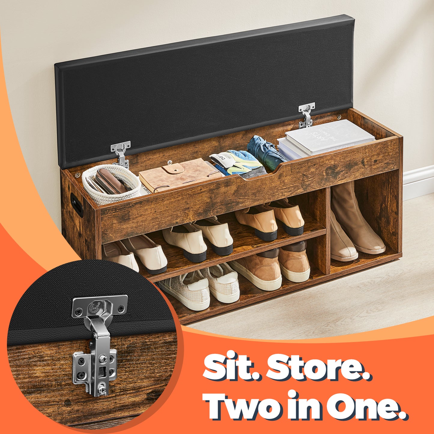 Storage Bench with Hidden Compartment & Cushioned Seat, 300lb Capacity Entryway Organizer,Rustic Brown and Ink Black