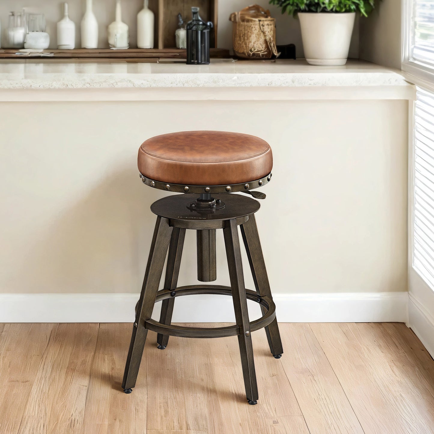 Set of 2 Adjustable Height Bar Stools with Swivel & Padded Seat, Steampunk Industrial Style for Kitchen Island and Bar, 24.6 to 29.3 Inches, Caramel Brown