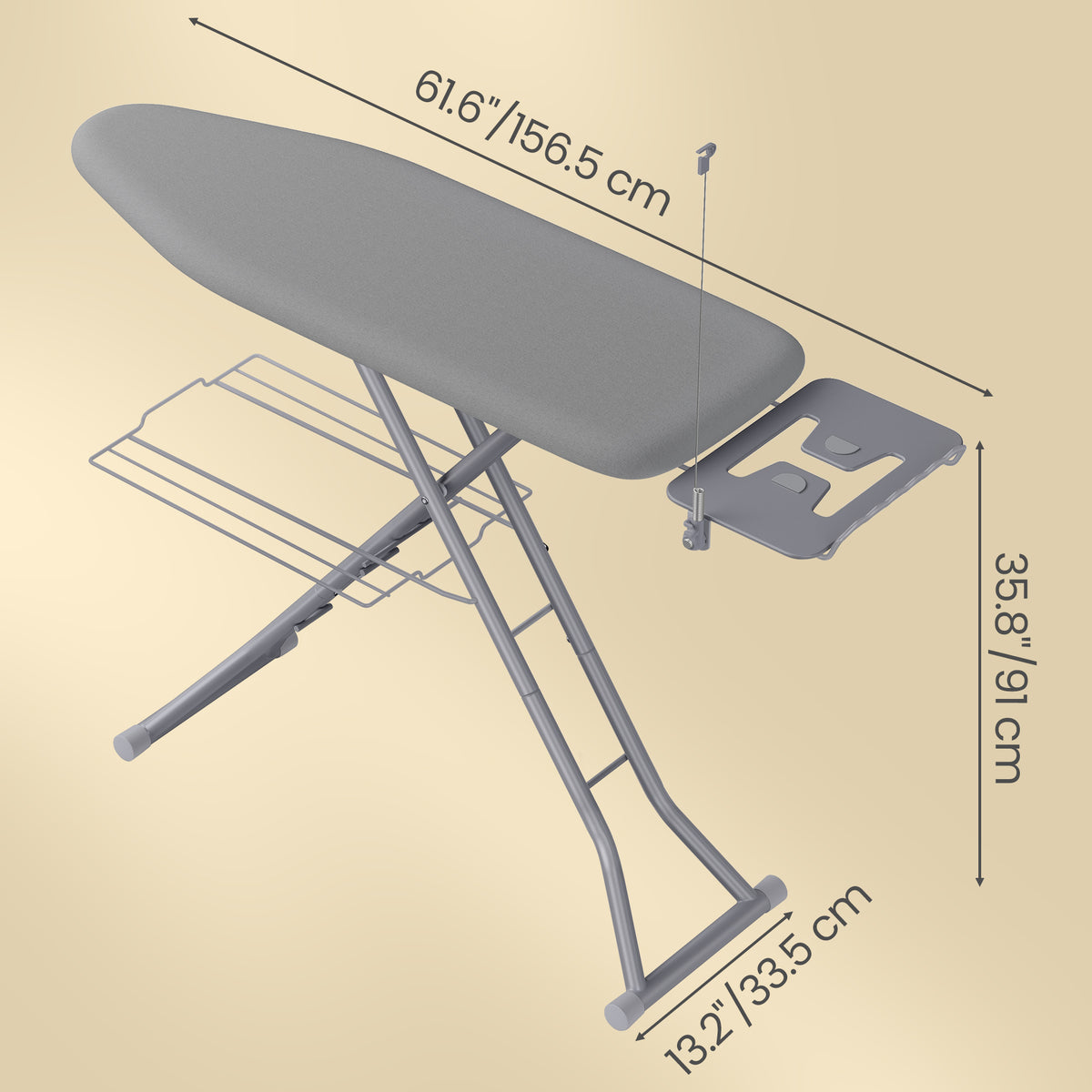 Ironing Board, Folding Steel Frame with Iron Rest and Storage Rack, 51.2 x 13.4 x 27.2-35.8 inches, Grey