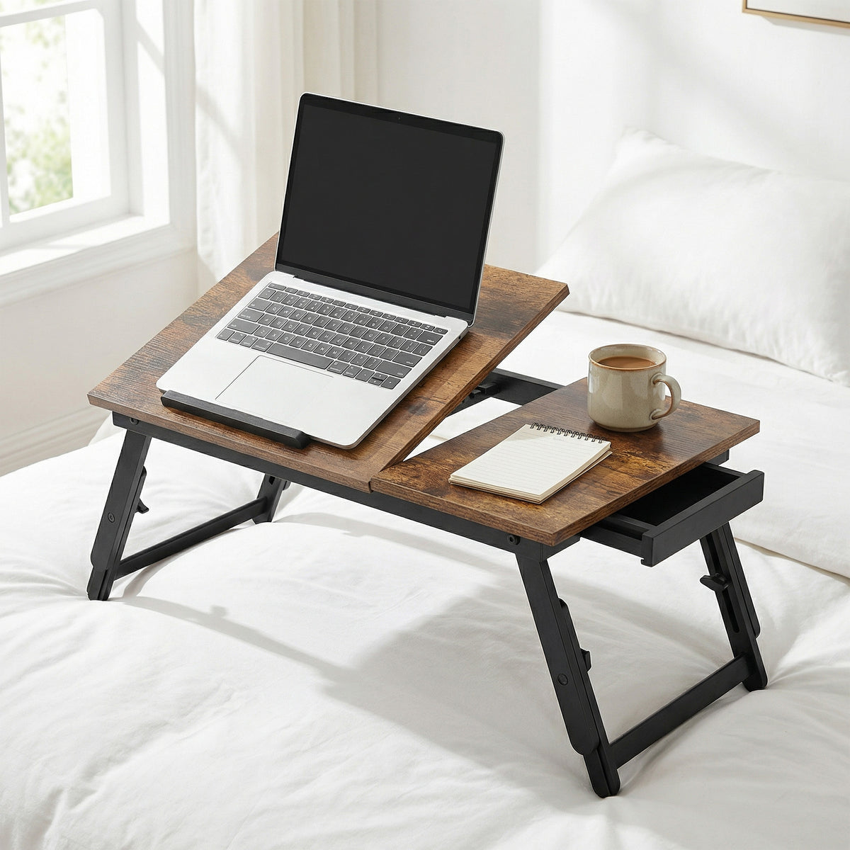 LEDREM Breakfast Tray with Folding Legs, Laptop Desk with Tilting Top, Fits up to 15.6 Inches Laptop, Rustic Brown and Matte Black