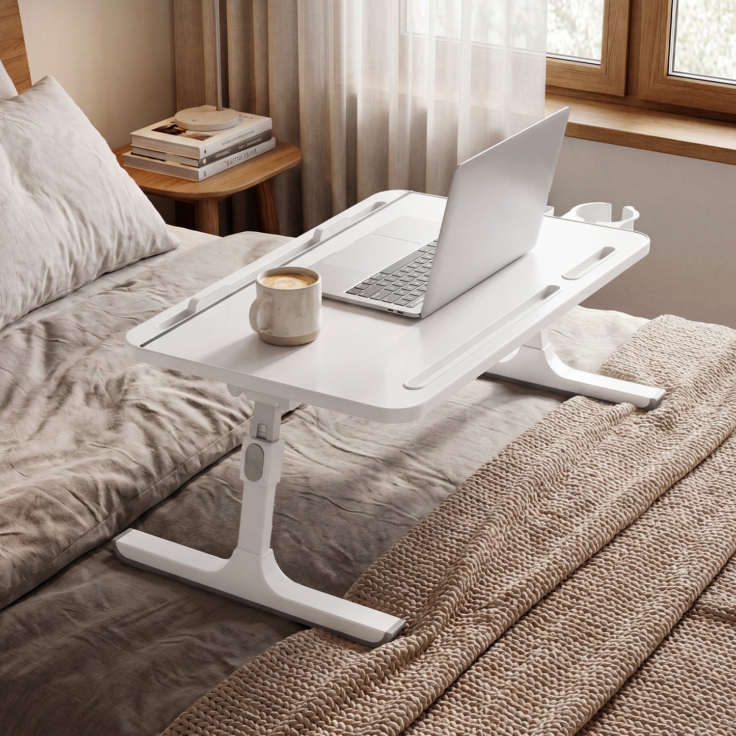 Lap Desk Table, Adjustable Height, 120° Tilt, Large 56 x 40 cm Desktop, Foldable Laptop Bed Tray, White
