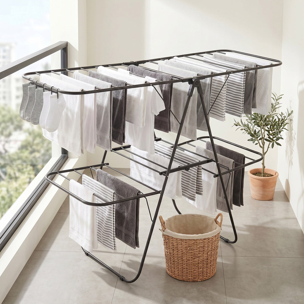 LEDREM Clothes Drying Rack, Foldable 2-Level Laundry Drying Rack, with Height-Adjustable Wings, 33 Drying Rails, Sock Clips, Black