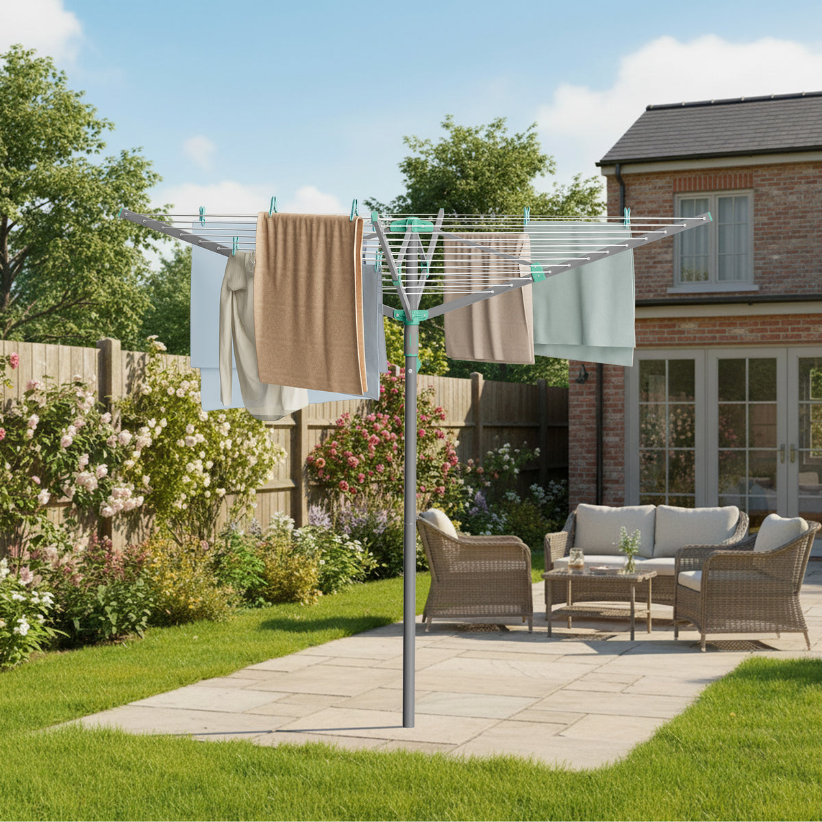 LEDREM Outdoor Clothes Drying Rack, Adjustable Rotary Clothesline with Clips, for Garden, 197 ft, Silver