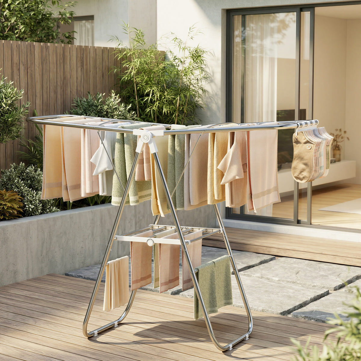 Foldable Metal Laundry Rack, Clothes Drying Rack, Height-Adjustable Gullwings, 17 x 51.2 x 39 Inches, White