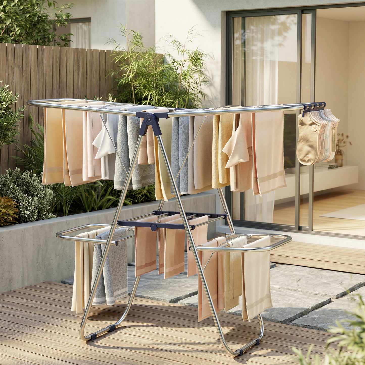 Foldable Metal Laundry Rack, Clothes Drying Rack, Height-Adjustable Gullwings, 17 x 51.2 x 41.7 Inches, Blue