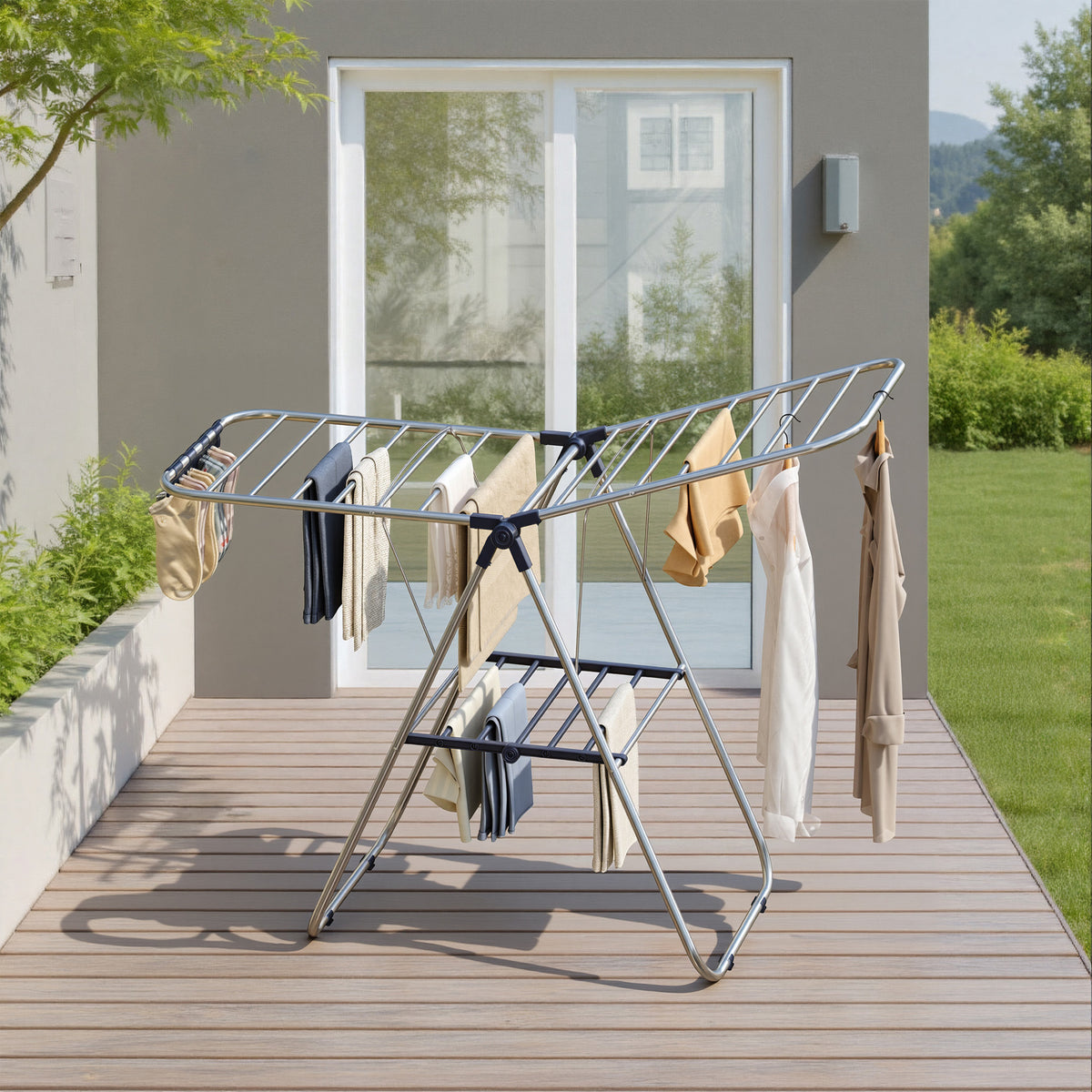 LEDREM Foldable Clothes Drying Rack, 2-Level Laundry Rack with Adjustable Wings, 58.3 x 23.8 x 39.2 inches, Silver