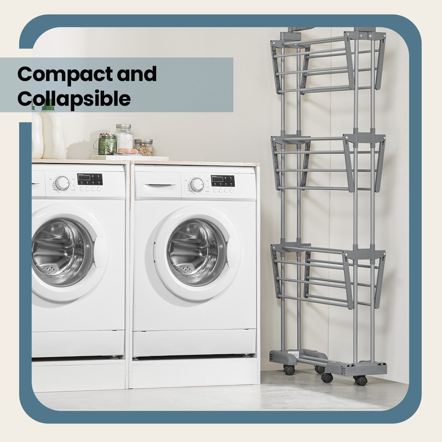 4-Tier Clothes Drying Rack, Foldable Laundry Rack 173 cm Tall, Stainless Steel, Rolling Clothing Airer for Indoor Outdoor Use, Dove Gray
