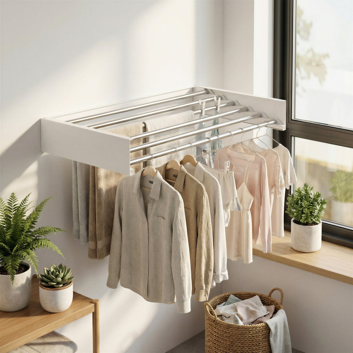Wall-Mounted Clothes Drying Rack, Foldable Laundry Rack with 6 Rods, 31.5 x 15.7 x 4.1 Inches, White and Gray
