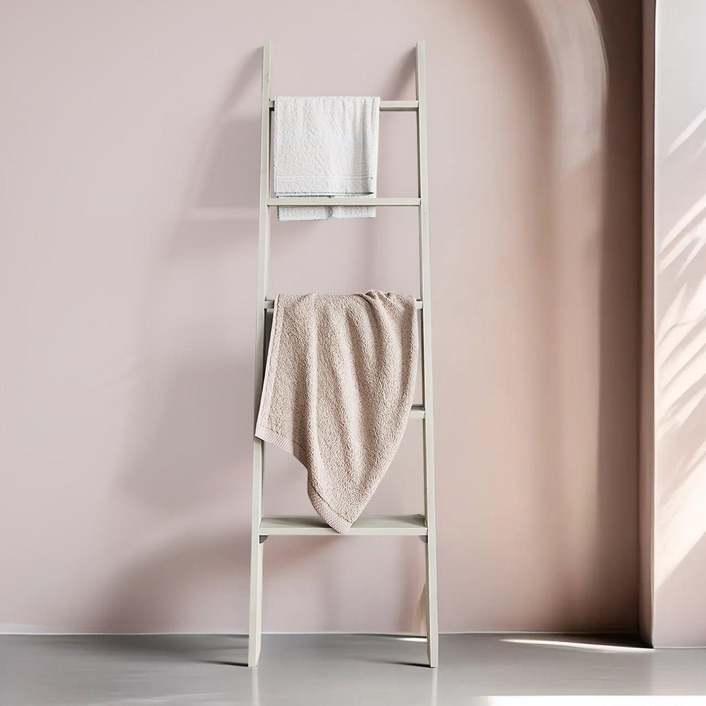 5-Tier Decorative Blanket Ladder and Ladder Shelf, Rustic Farmhouse Leaning Rack for Blankets, Towels, or Home Decor, Rustic White
