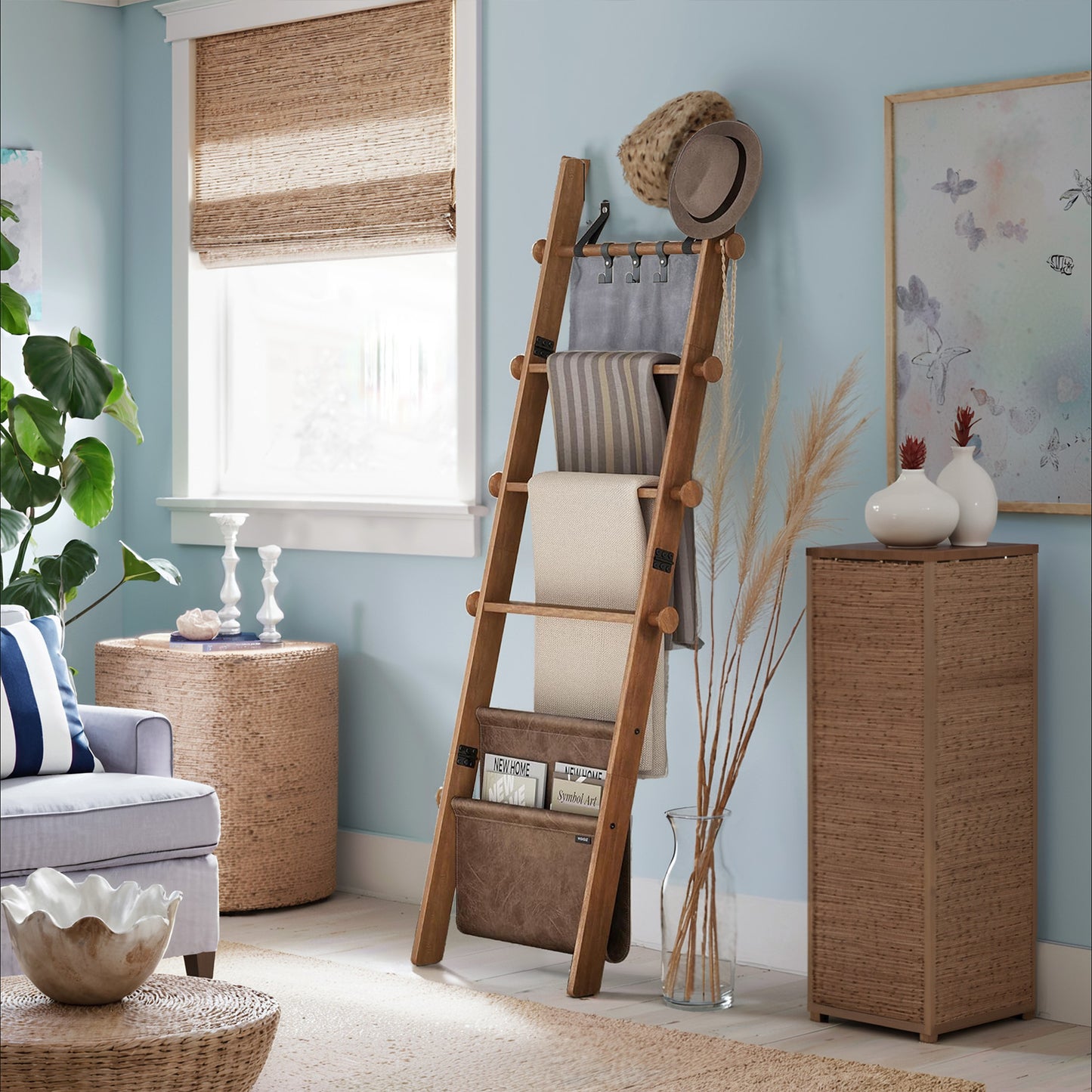 5-Tier Wooden Blanket Ladder with Hooks and Leather Strap Accents, Decorative Farmhouse Quilt Rack for Living Room Bedroom, Caramel Brown
