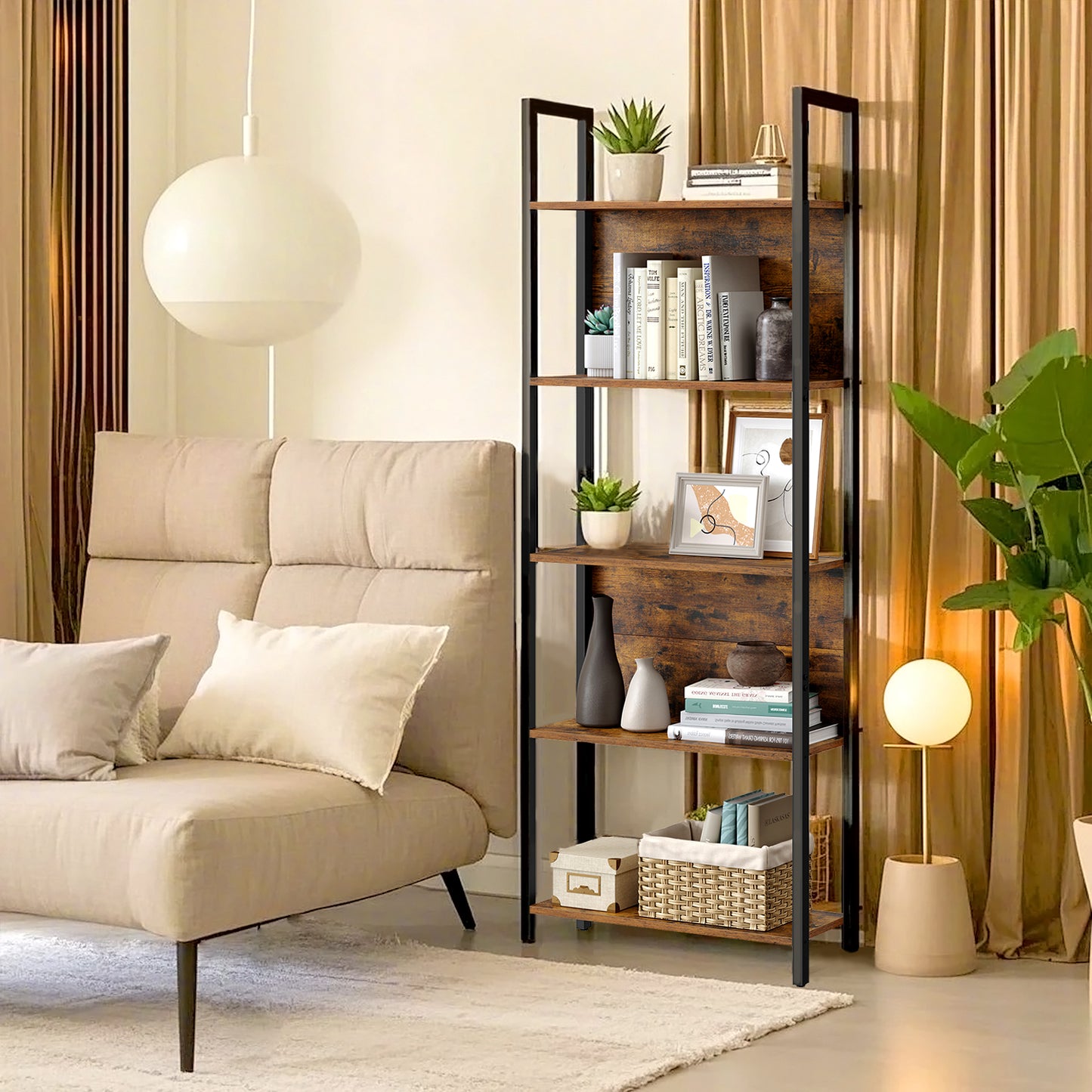 5-Tier Industrial Bookshelf, Steel Frame Storage Bookcase with Adjustable Feet, for Living Room Home Office, 65 Inch, Rustic Brown & Black