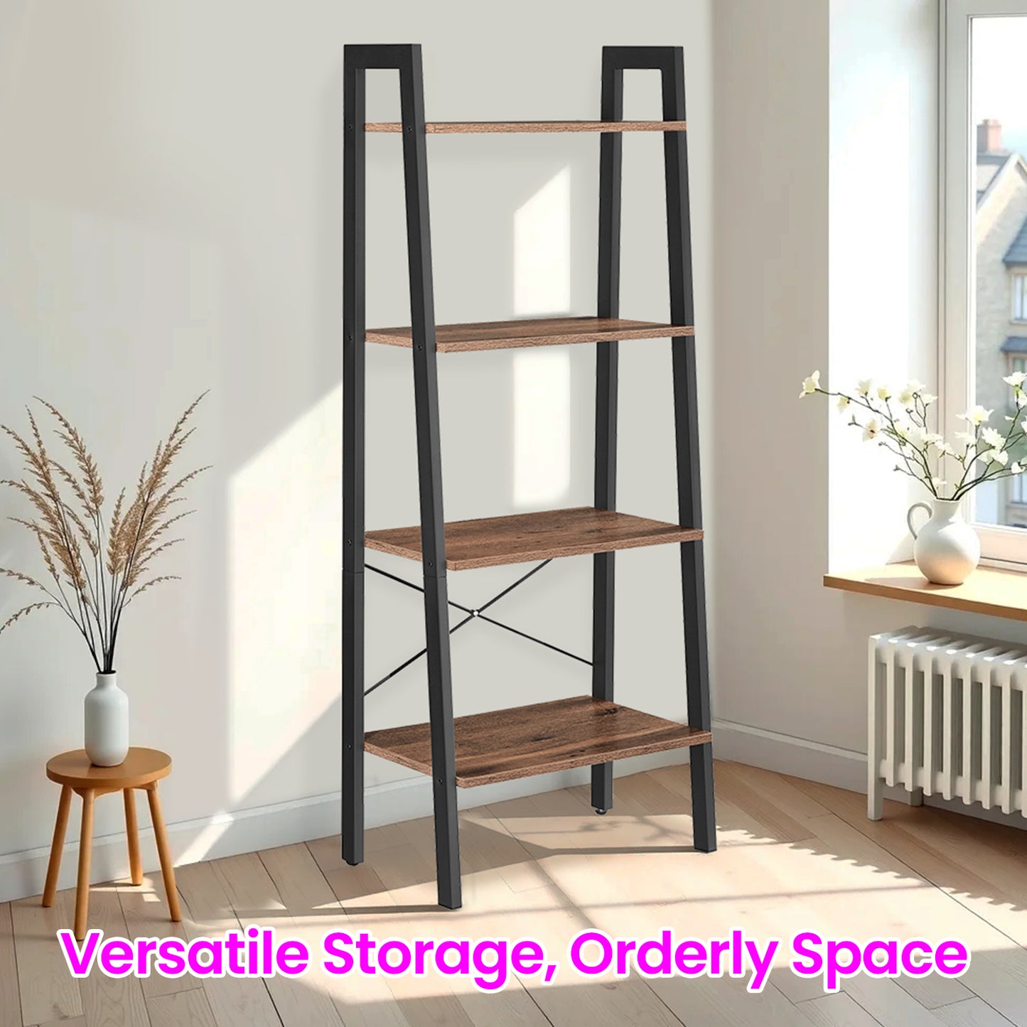 4-Tier Ladder Shelf - Industrial Steel Frame Bookcase, Multi-Purpose Storage Rack for Living Room, Office, Bedroom, Hazelnut Brown and Ink Black