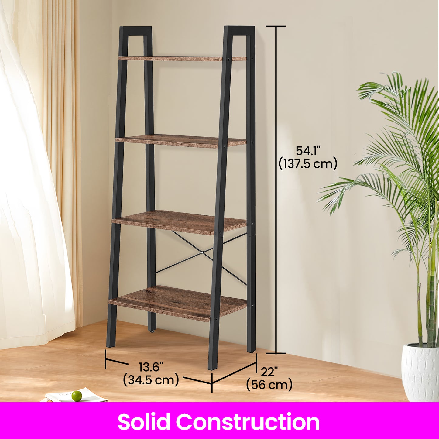 4-Tier Ladder Shelf - Industrial Steel Frame Bookcase, Multi-Purpose Storage Rack for Living Room, Office, Bedroom, Hazelnut Brown and Ink Black
