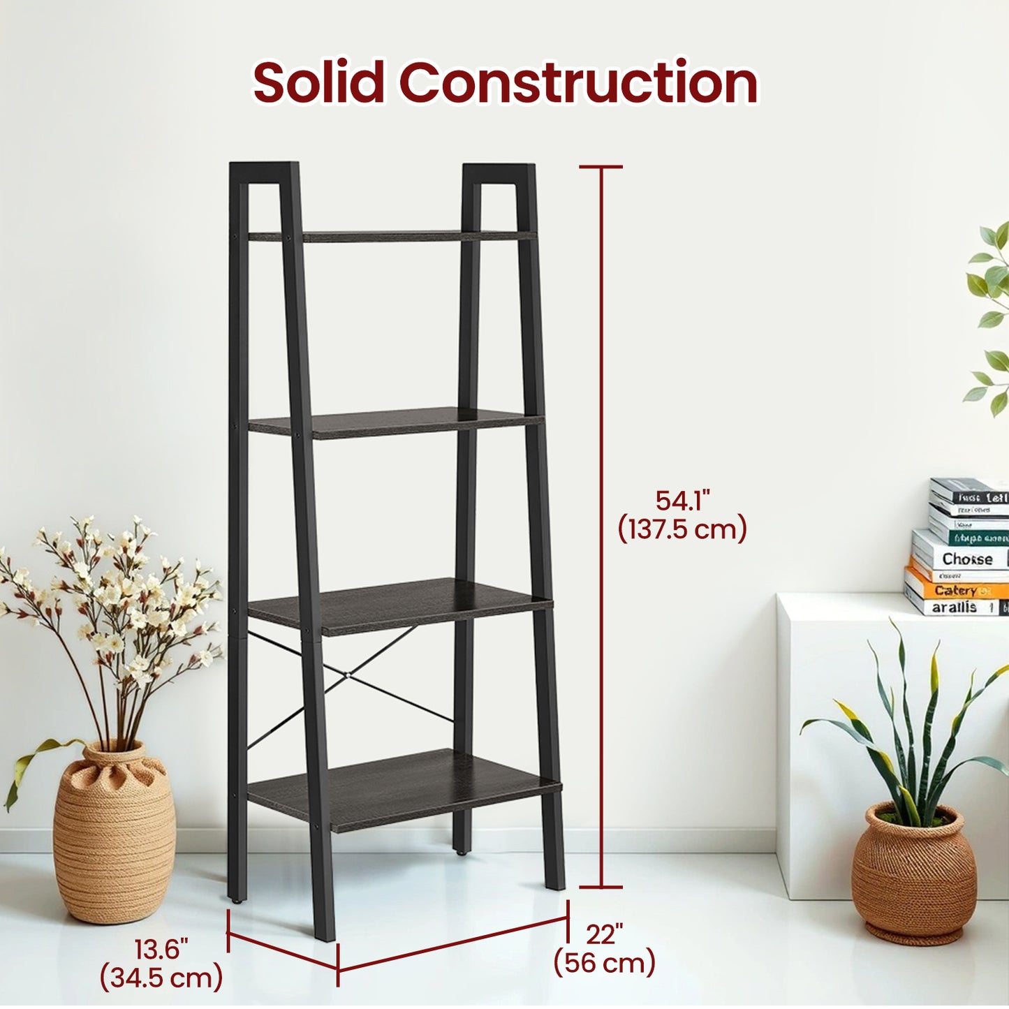 4-Tier Ladder Shelf - Steel Frame Storage Rack, Multi-Purpose Bookcase for Home, Office, Easy Assembly, Charcoal Gray and Ink Black