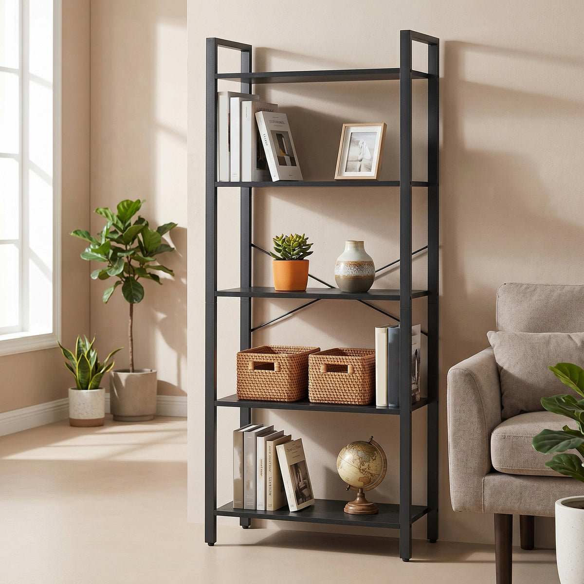 LEDREM 5-Tier Bookshelf, Bookcase, Shelving Unit, for Office, Study, Living Room, Bedroom, 64 x 30 x 152.5 cm, Modern basic, Black