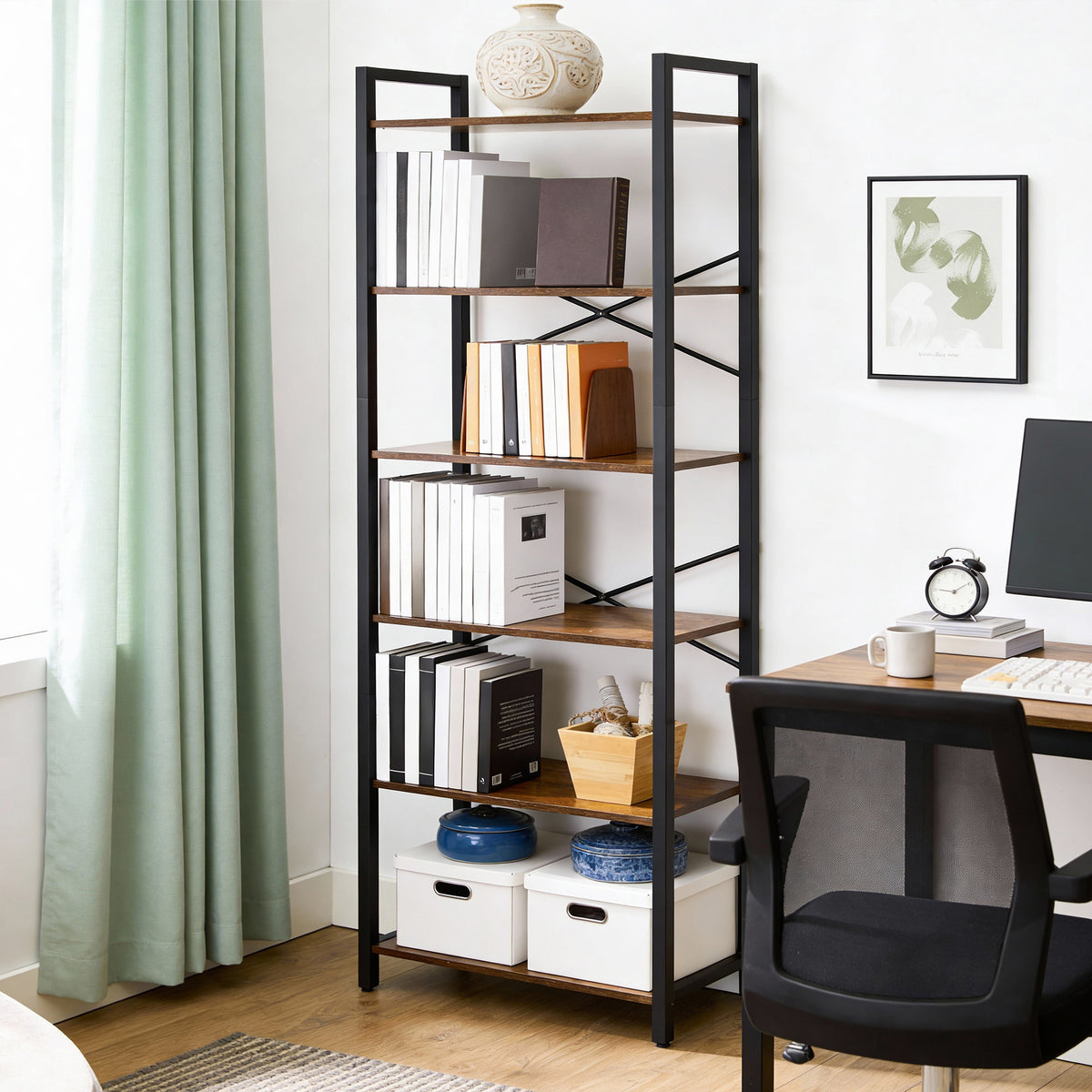 LEDREM 6-Tier Bookshelf, Bookcase, Shelving Unit, for Office, Study, Living Room, Bedroom, 30 x 66 x 186 cm, Industrial, Greige and Black