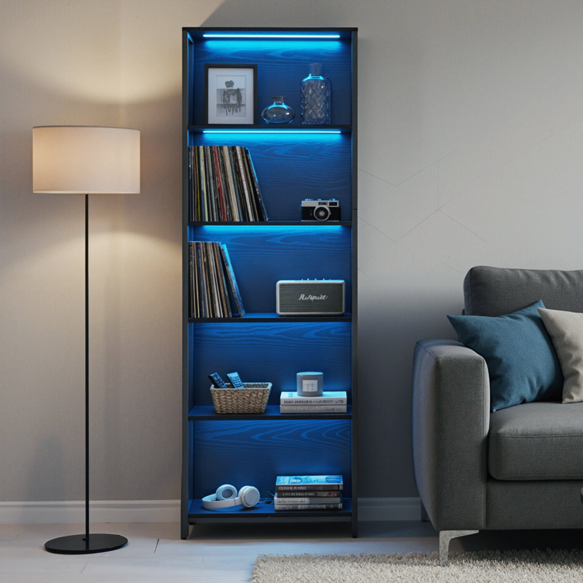 LEDREM 6-Tier LED Bookshelf, Tall Storage Shelving Unit with Lights, 23.6 x 11.9 x 70.1 Inches, Black