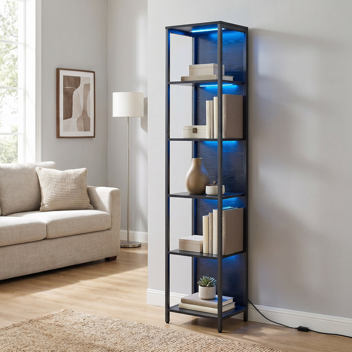 LEDREM 6-Tier LED Bookshelf, Tall Storage Shelving Unit with Lights, 15.7 x 11.9 x 70.1 Inches, Black