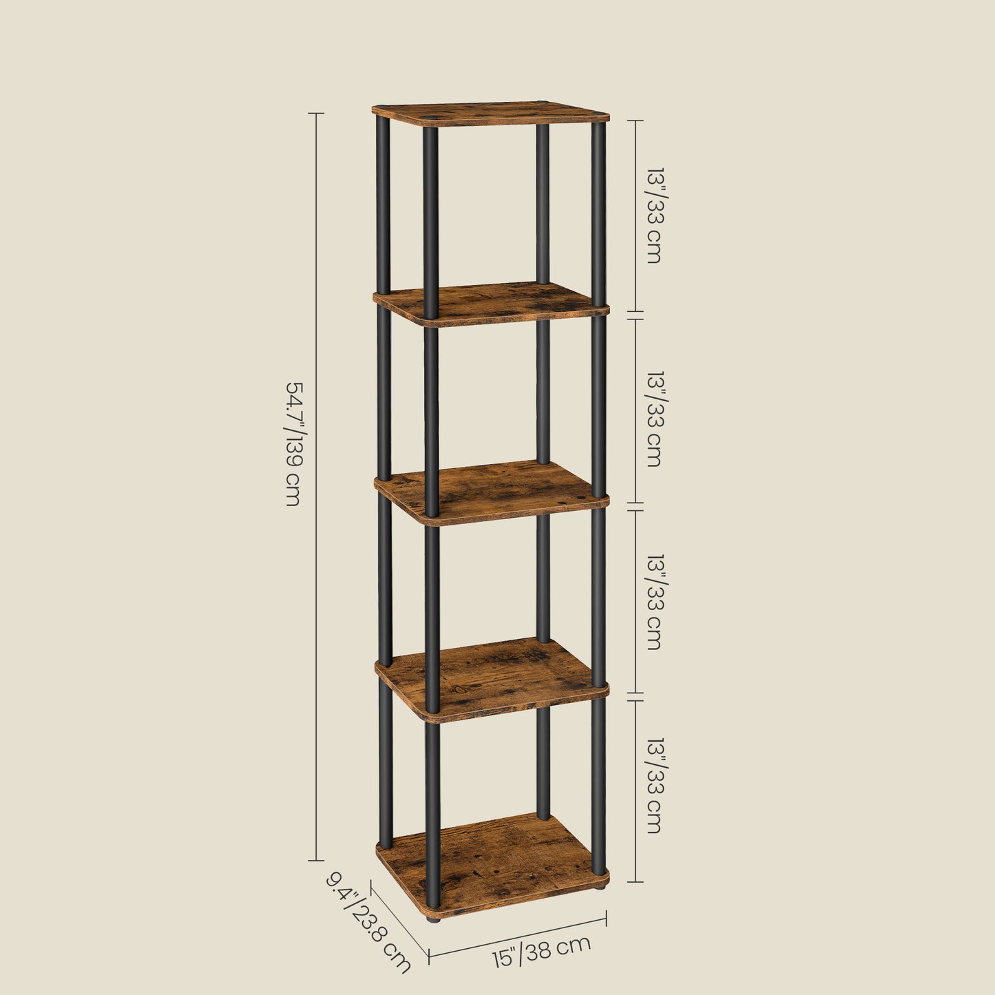 5-Tier Shelf with Toolless Assembly, Standing Bookshelf for Living Room Bedroom Kitchen, Slim Profile, Rustic Brown and Ink Black