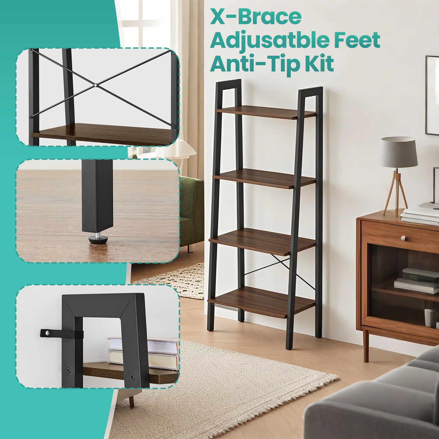4-Tier Ladder Shelf - Heavy Duty Steel Frame, Multi-Functional Storage Rack for Home, Office, Easy Assembly, Hickory Brown and Black
