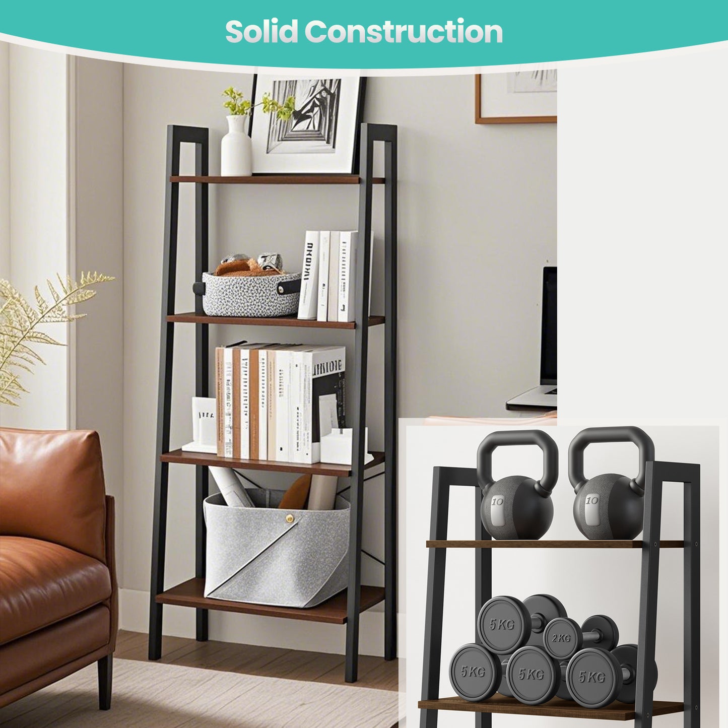4-Tier Ladder Shelf - Heavy Duty Steel Frame, Multi-Functional Storage Rack for Home, Office, Easy Assembly, Hickory Brown and Black