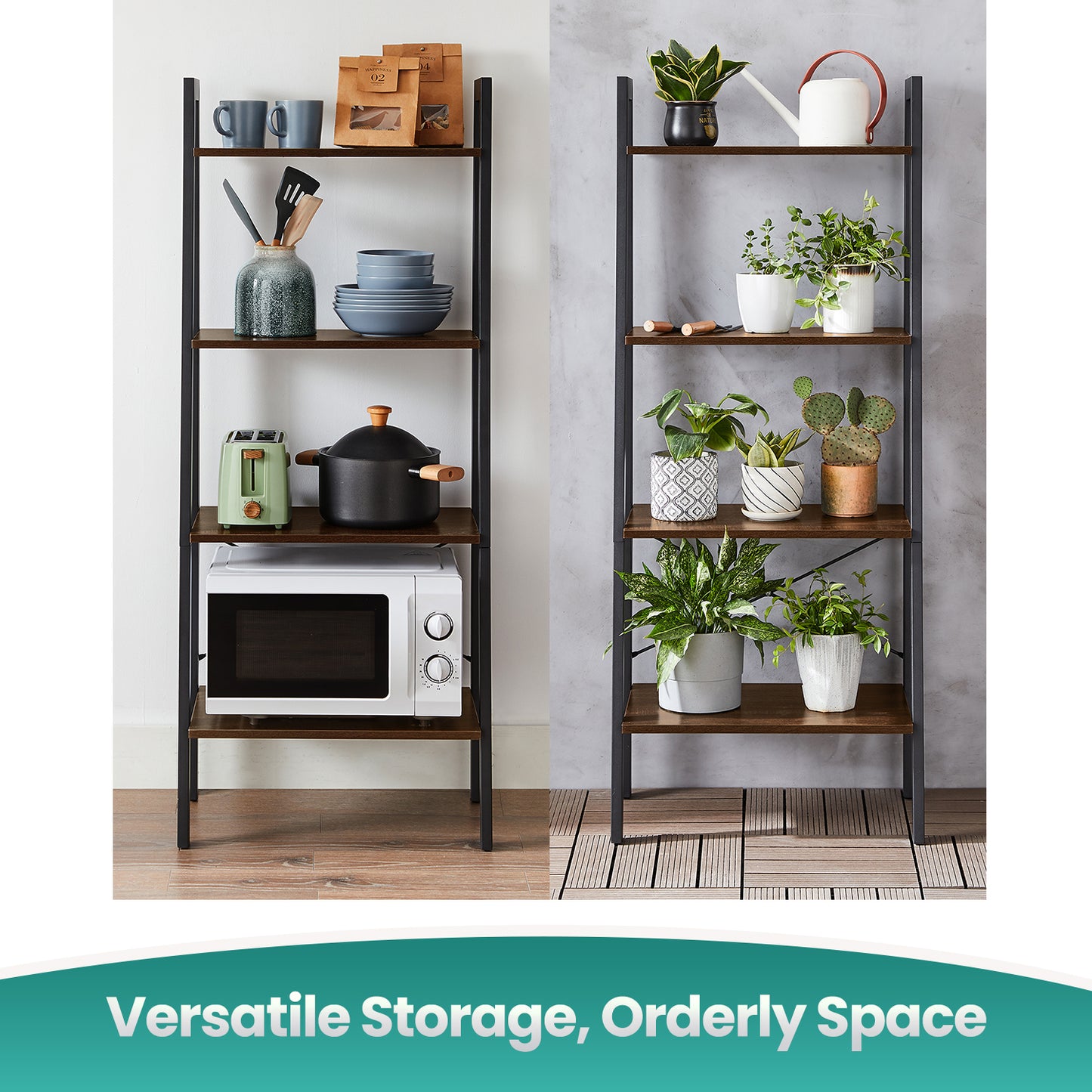 4-Tier Ladder Shelf - Heavy Duty Steel Frame, Multi-Functional Storage Rack for Home, Office, Easy Assembly, Hickory Brown and Black