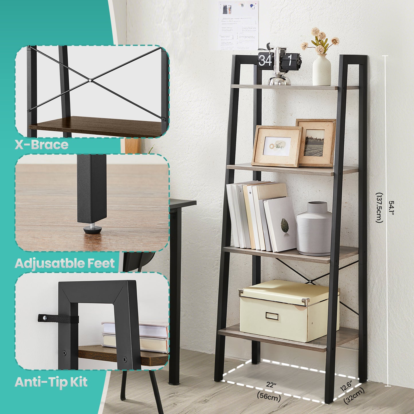 4-Tier Ladder Shelf - Heavy Duty Steel Frame, Space-Saving Storage Rack for Home, Office, Quick Assembly, Heather Greige and Black