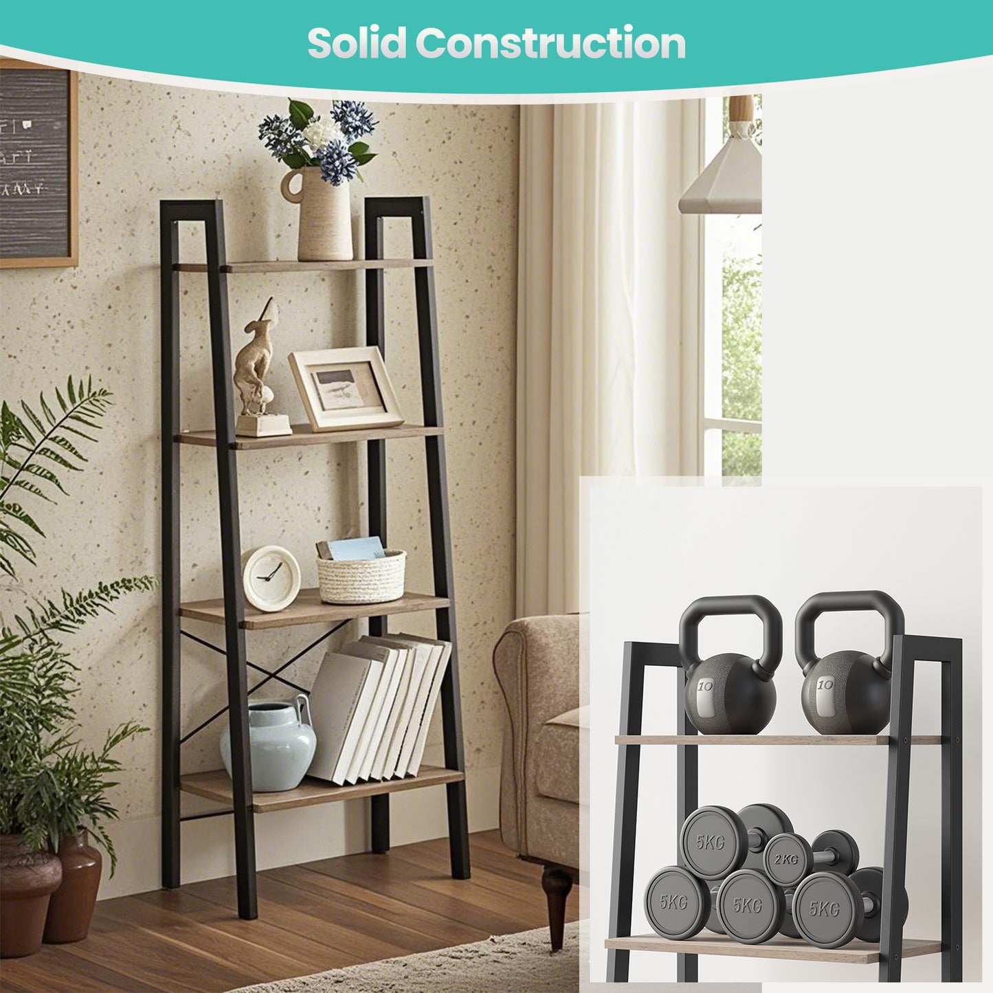 4-Tier Ladder Shelf - Heavy Duty Steel Frame, Space-Saving Storage Rack for Home, Office, Quick Assembly, Heather Greige and Black