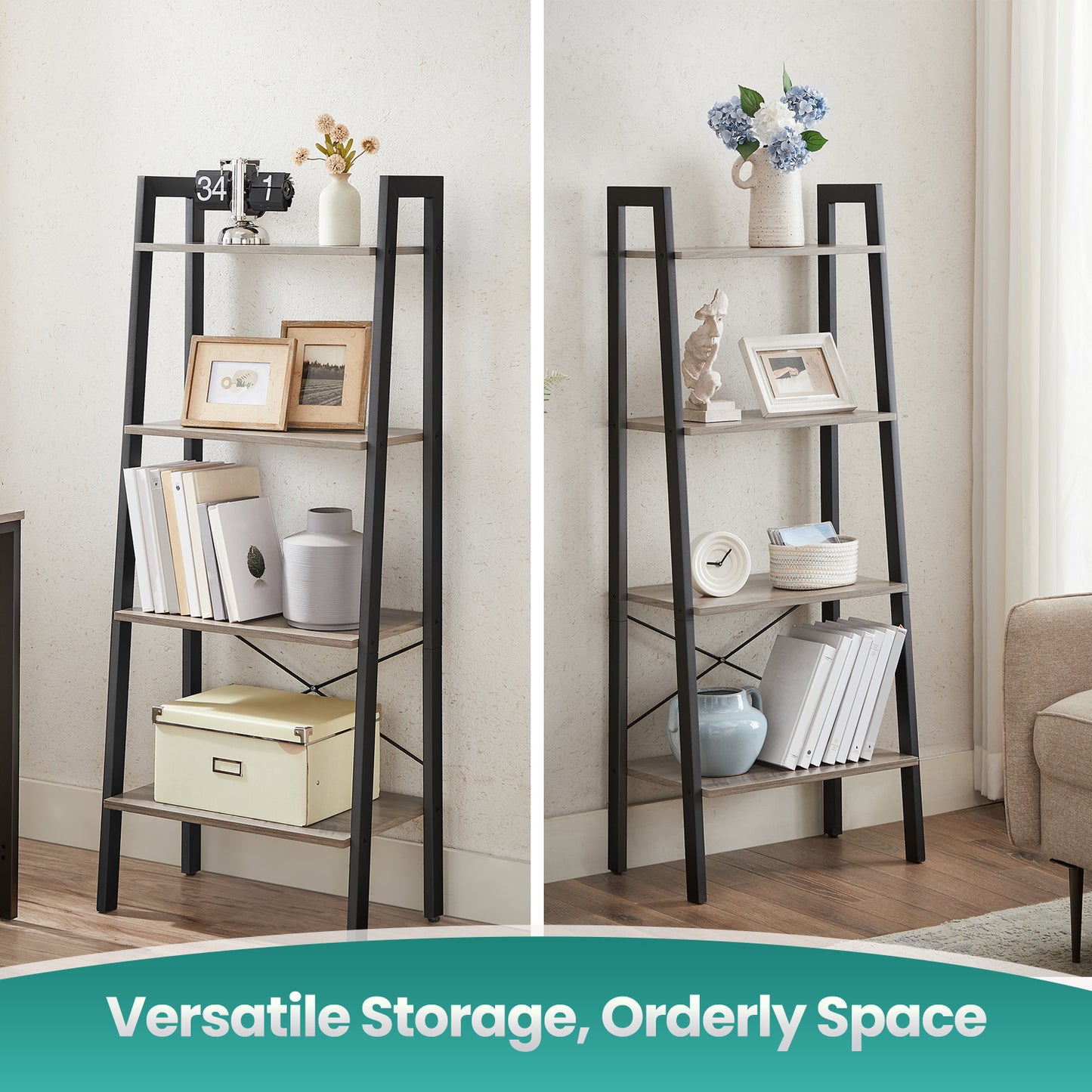 4-Tier Ladder Shelf - Heavy Duty Steel Frame, Space-Saving Storage Rack for Home, Office, Quick Assembly, Heather Greige and Black