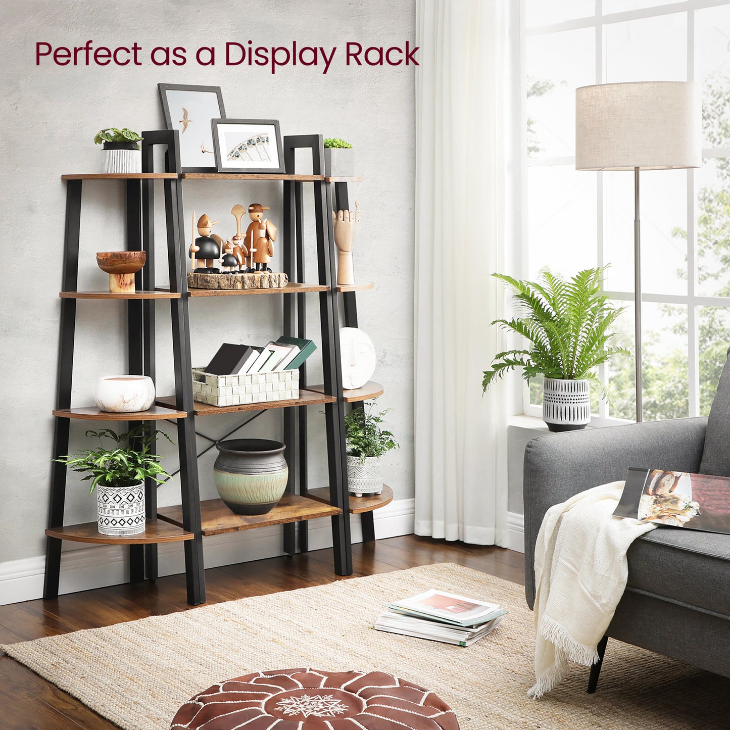 4-Tier Ladder Shelf - Heavy Duty Steel Frame, Multi-Purpose Storage Rack for Home, Office, Easy Assembly, Rustic Brown and Black