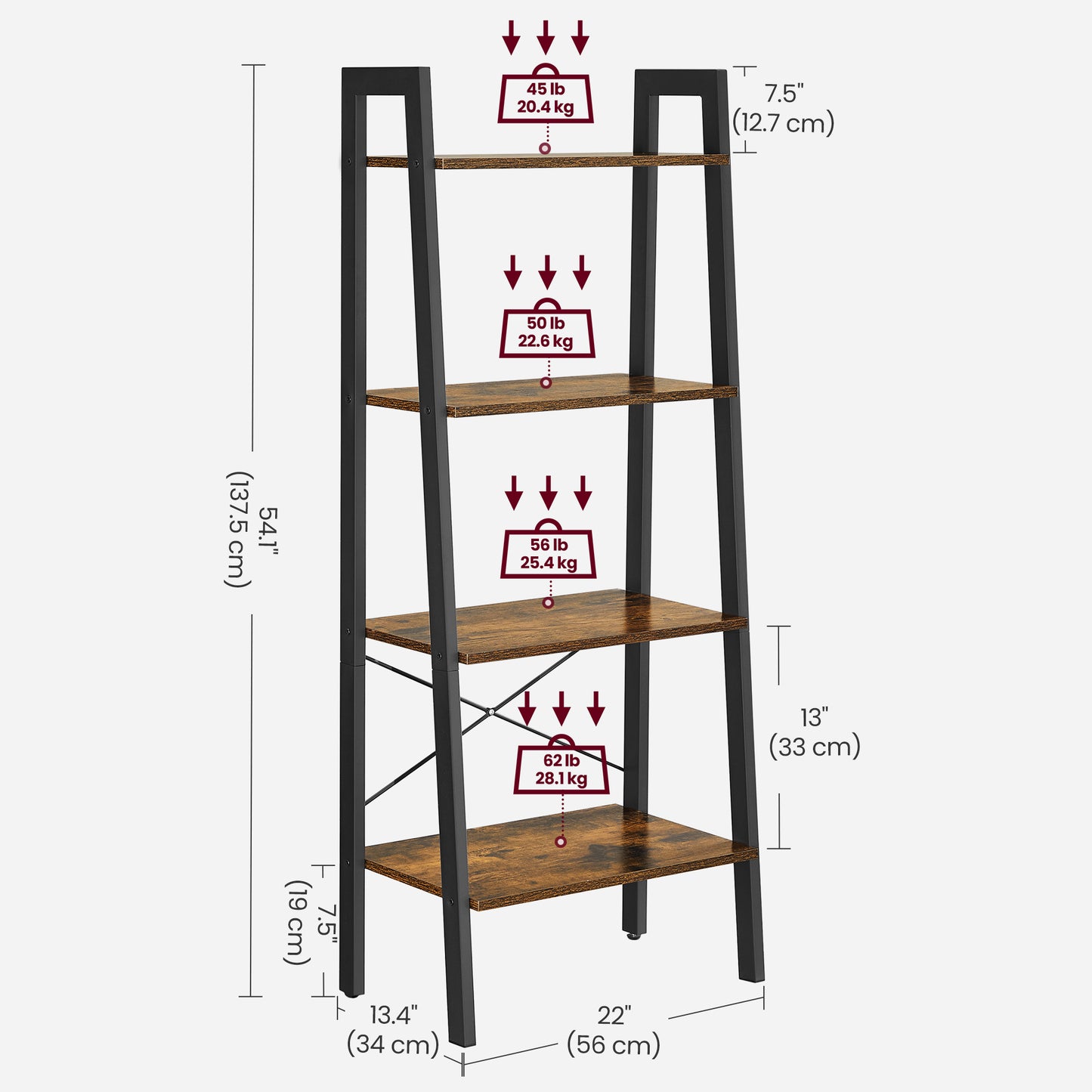 4-Tier Ladder Shelf - Heavy Duty Steel Frame, Multi-Purpose Storage Rack for Home, Office, Easy Assembly, Rustic Brown and Black