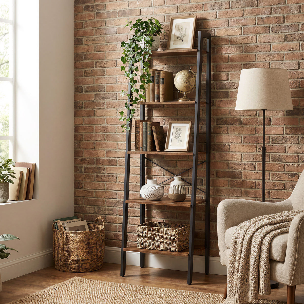 LEDREM Ladder Shelf, 5-Tier Bookshelf, Storage Rack, Bookcase, for Living Room, Kitchen, Bedroom, Rustic Brown and Matte Black