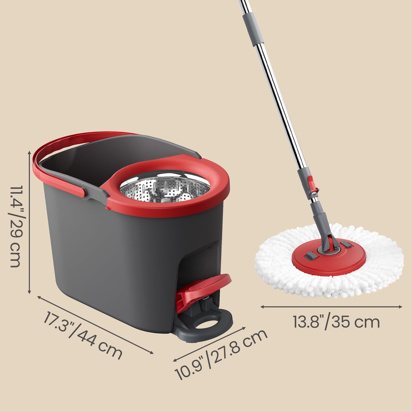 Spin Mop Bucket Set with Pedal Wringer, Telescopic Handle, 360° Rotating Mop Head, 4 Microfiber Pads, Gray and Red