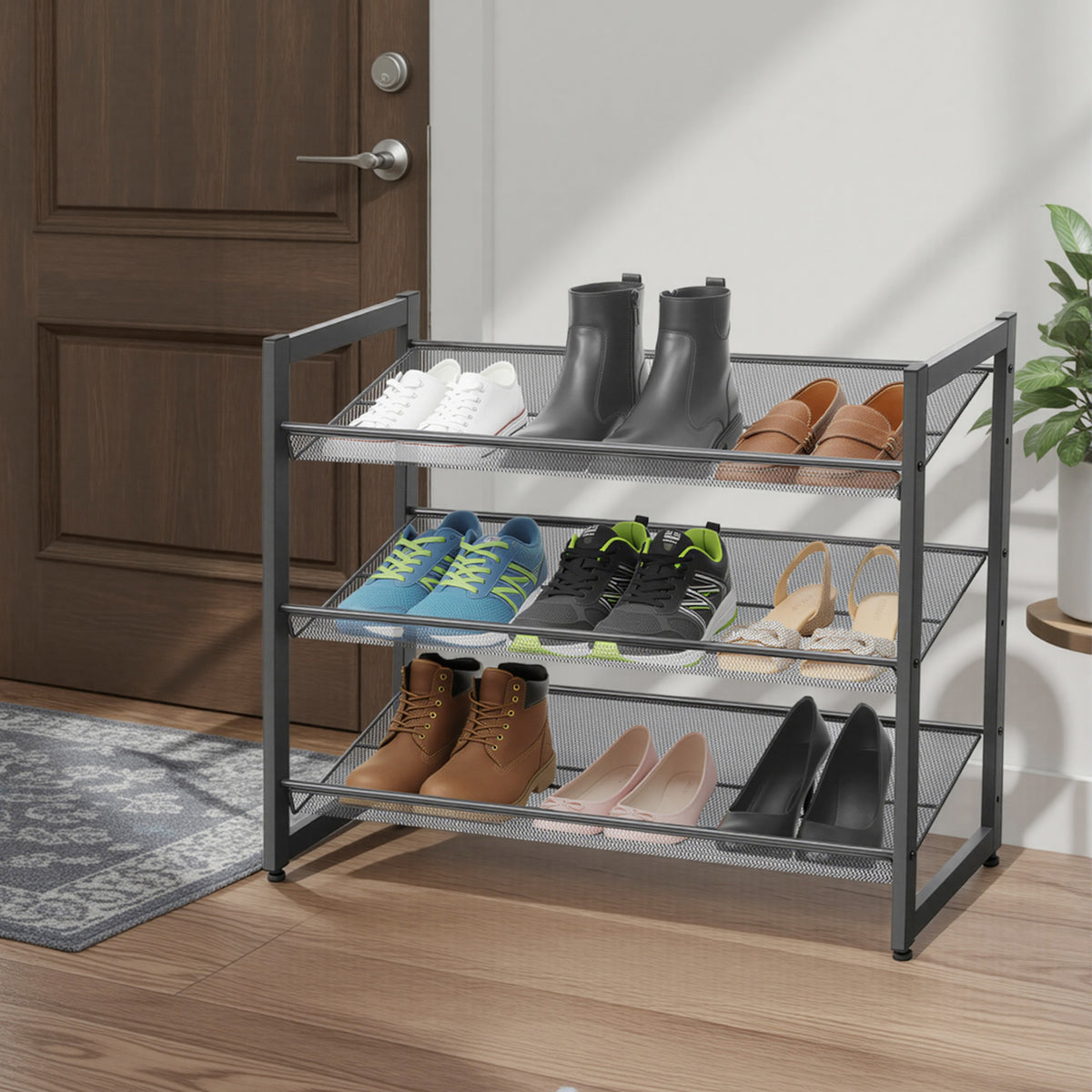 LEDREM 3-Tier Shoe Rack, Stackable Shoe Organizer, Holds 9-12 Pairs, Entryway, Adjustable Shelves, Black