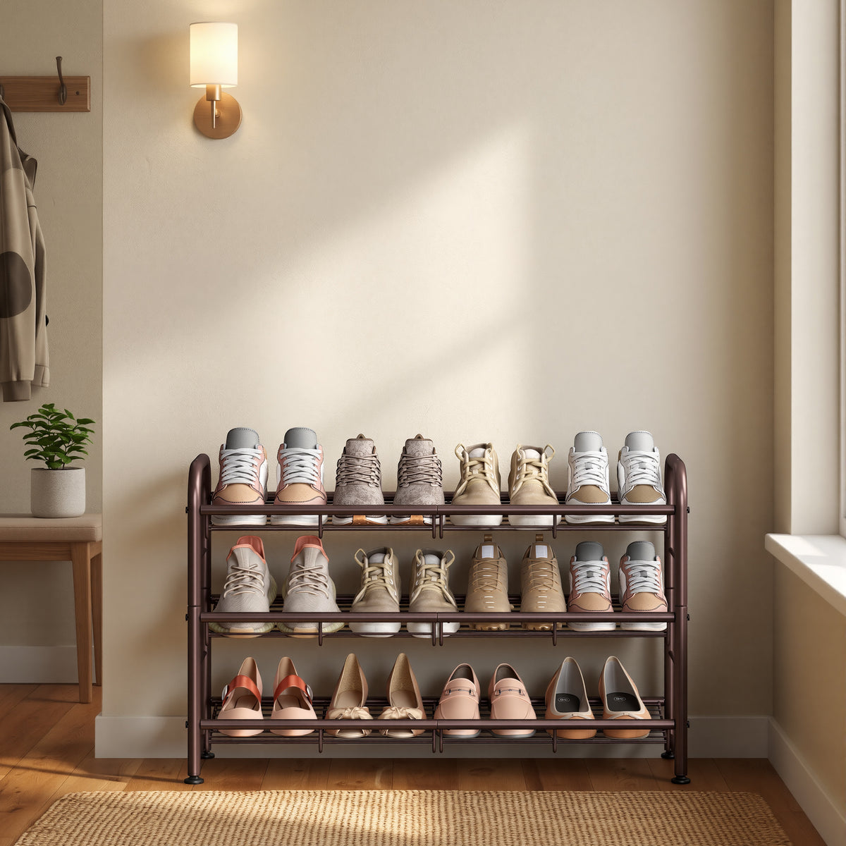 LEDREM 3-Tier Metal Shoe Rack with Adjustable Tilt Shelves, Shoe Organizer for Closet, Entryway or Garage, Bronze