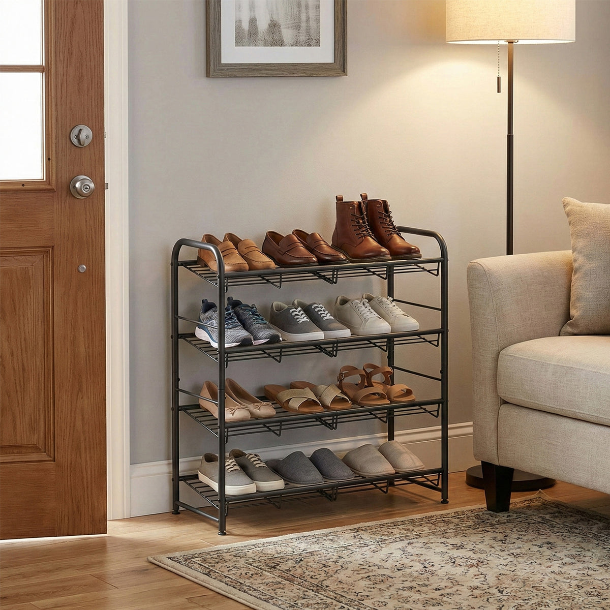 LEDREM 4-Tier Shoe Organizer, Adjustable Metal Shoe Rack, Stackable Storage Shelf for Entryway Closet, Black