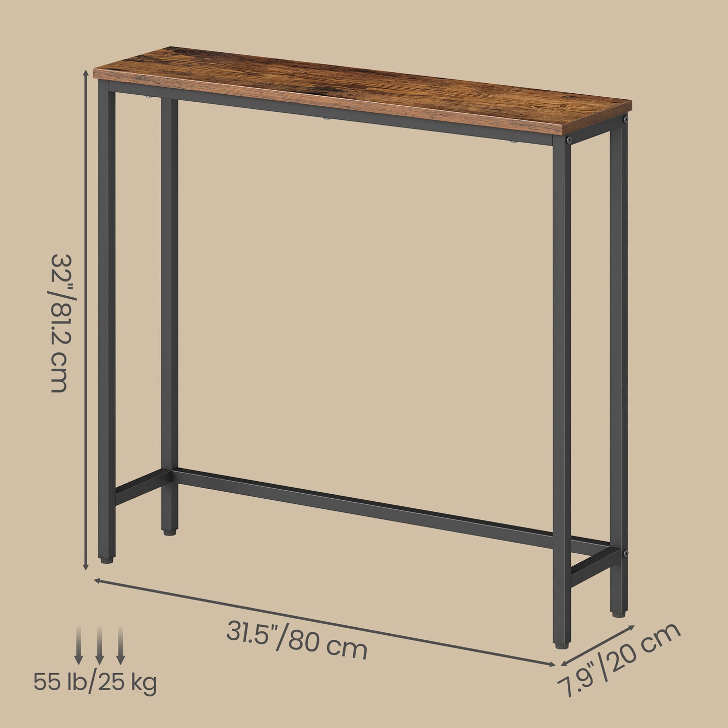 Narrow Console Table, Thin Entryway Doorway Table with One-Piece Top, Steel Frame, Modern 1-Tier for Hallway Bedroom, Rustic Brown and Ink Black
