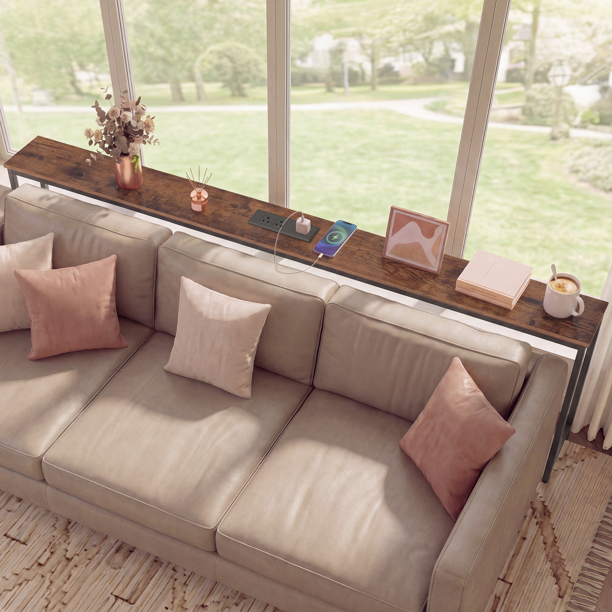 LEDREM Console Table with Power Outlet, Slim Behind Couch Table, for Entryway, Rustic Brown and Matte Black