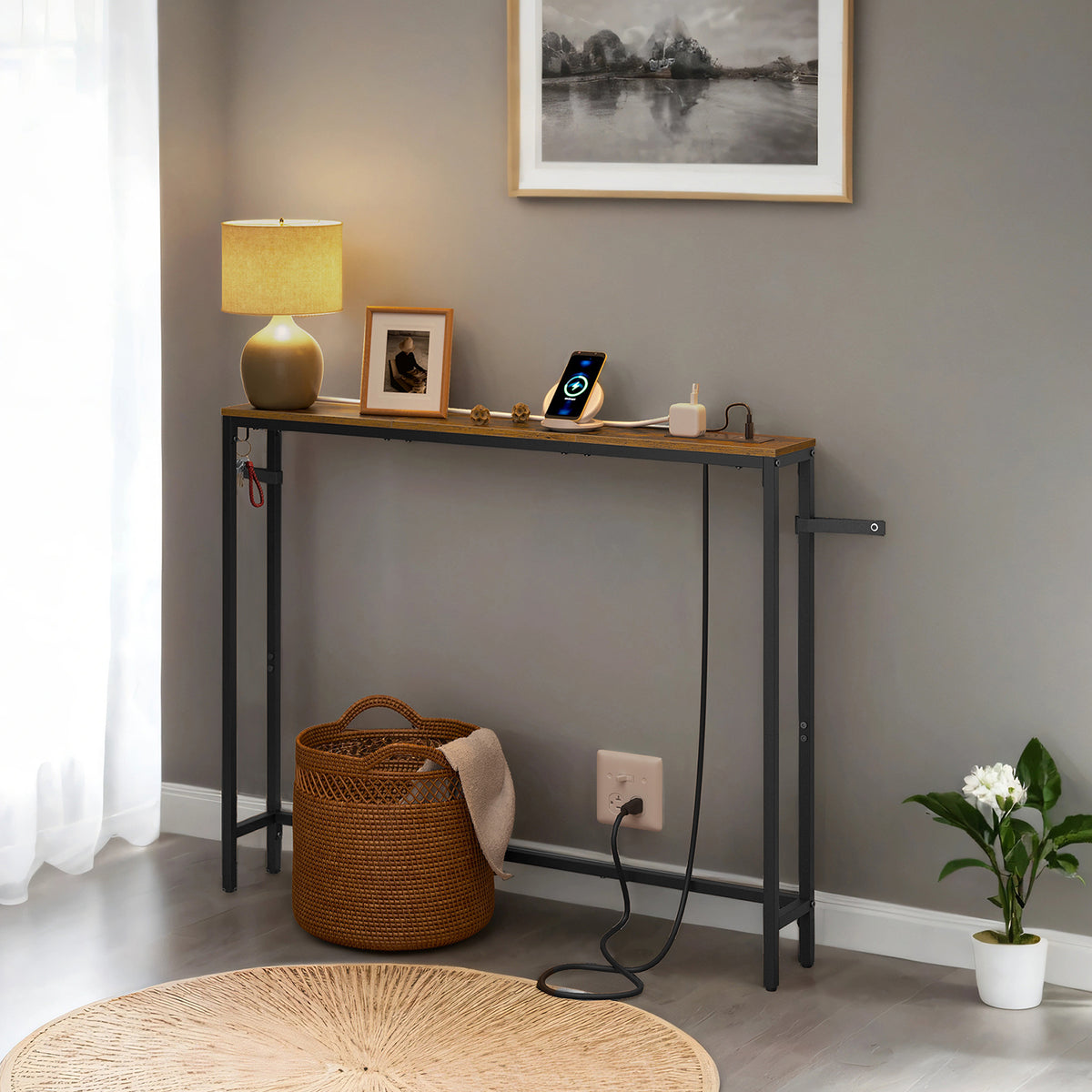 LEDREM Console Table with Power Outlet, Slim Behind Couch Table, One Piece Top, for Entryway, Tan and Black